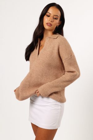Zala Vneck Collar Knit Sweater – Mocha