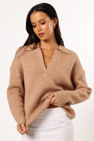 Zala Vneck Collar Knit Sweater – Mocha