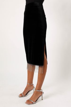 Greta Velvet Fringe Skirt – Black