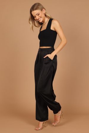Wellington Wide Leg Satin Pant – Black
