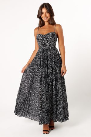 Achanti Pleated Maxi Dress – Black Floral
