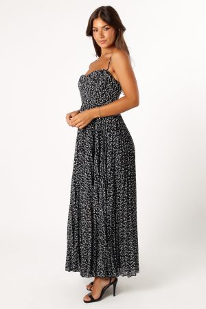 Achanti Pleated Maxi Dress – Black Floral