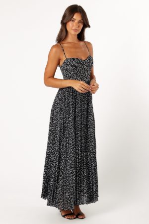 Achanti Pleated Maxi Dress – Black Floral