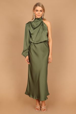 Amelie One Shoulder Midi Dress – Olive