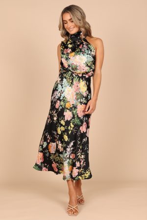 Anabelle Halter Neck Midi Dress – Black Floral