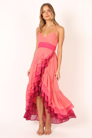 BomBon Tiered Maxi Dress – Coral Hot Pink