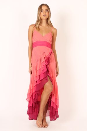 BomBon Tiered Maxi Dress – Coral Hot Pink