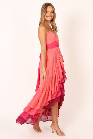 BomBon Tiered Maxi Dress – Coral Hot Pink