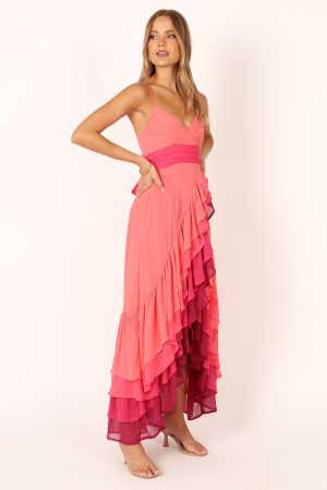 BomBon Tiered Maxi Dress – Coral Hot Pink