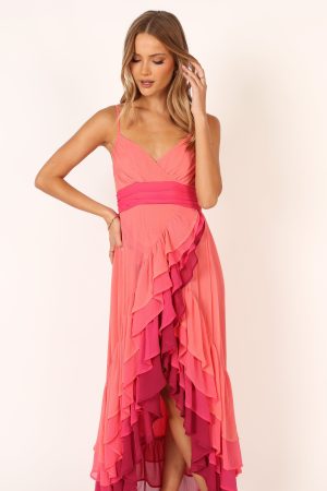 BomBon Tiered Maxi Dress – Coral Hot Pink