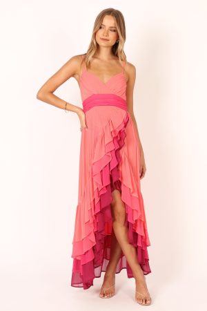 BomBon Tiered Maxi Dress – Coral Hot Pink