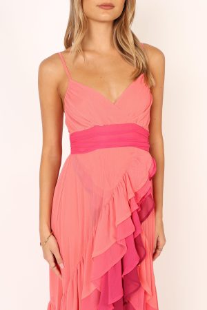 BomBon Tiered Maxi Dress – Coral Hot Pink