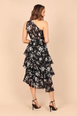 Brigette One Shoulder Tiered Midi Dress – Black Floral