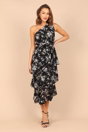 Brigette One Shoulder Tiered Midi Dress – Black Floral