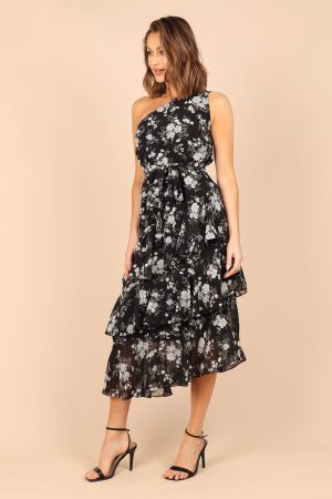 Brigette One Shoulder Tiered Midi Dress – Black Floral