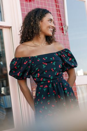 Chlo Puff Sleeve Midi Dress – Cherry Print