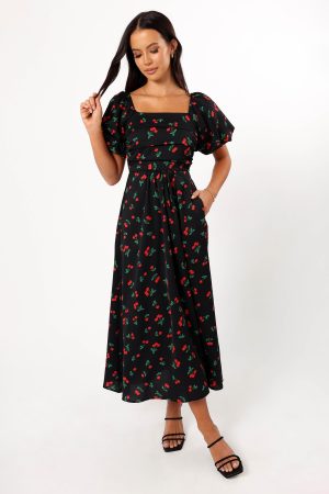 Chlo Puff Sleeve Midi Dress – Cherry Print