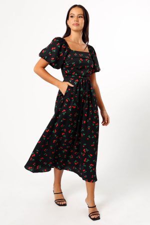 Chlo Puff Sleeve Midi Dress – Cherry Print