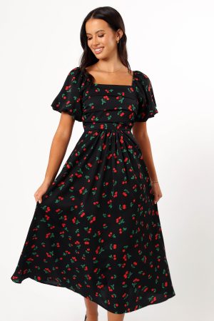 Chlo Puff Sleeve Midi Dress – Cherry Print
