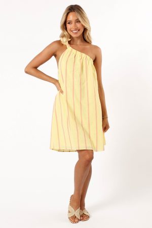 Ellie One Shoulder Dress – Yellow Pink Stripe