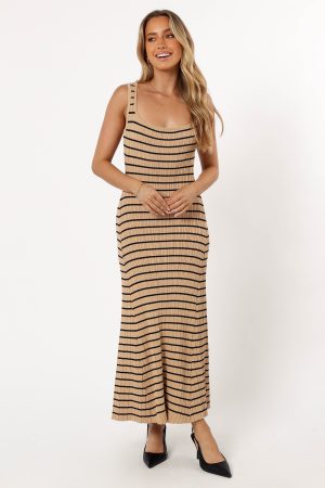 Henry Striped Midi Dress – Beige Black
