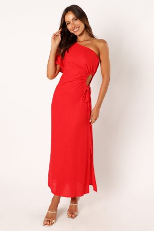 Kimmie One Shoulder Cut Out Midi Dress – Red