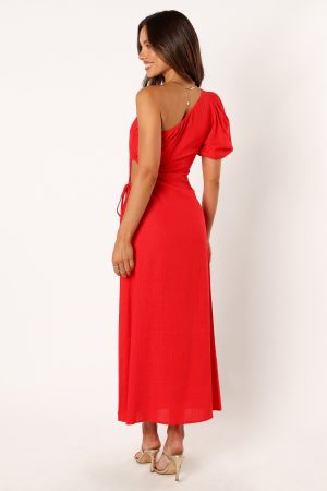 Kimmie One Shoulder Cut Out Midi Dress – Red