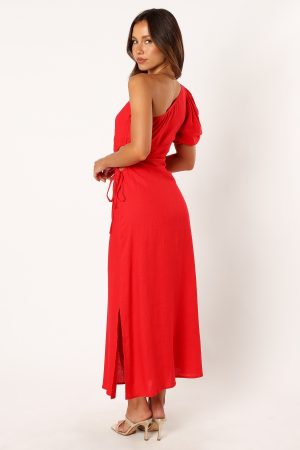 Kimmie One Shoulder Cut Out Midi Dress – Red