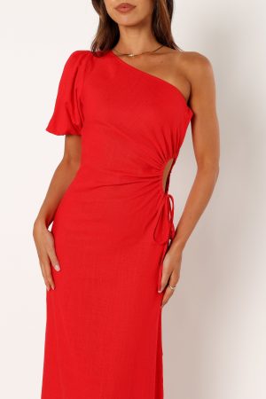 Kimmie One Shoulder Cut Out Midi Dress – Red