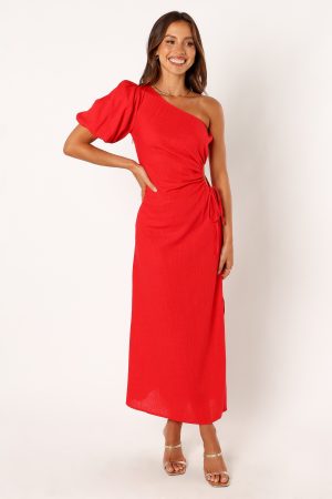 Kimmie One Shoulder Cut Out Midi Dress – Red