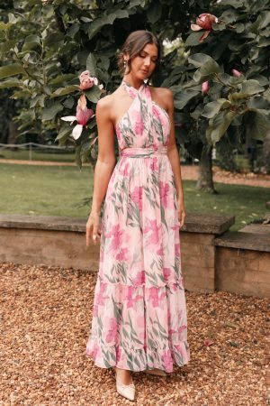 Lennon Halterneck Maxi Dress – Pink Floral