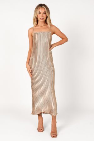 Liza Pleated Maxi Dress – Gold