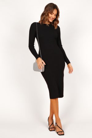 Louise Scoop Back Embellished Midi Dress – Black