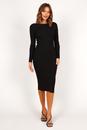 Louise Scoop Back Embellished Midi Dress – Black