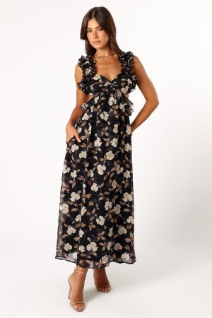 Lucah Frill Shoulder Maxi Dress – Black Floral