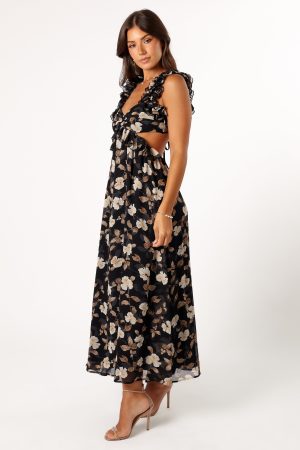 Lucah Frill Shoulder Maxi Dress – Black Floral