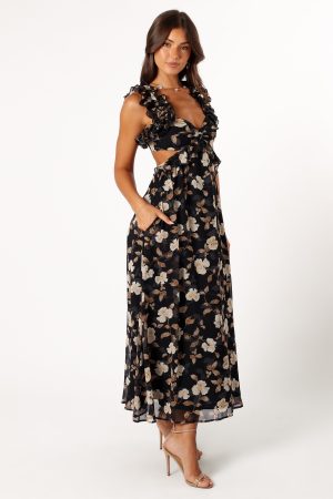 Lucah Frill Shoulder Maxi Dress – Black Floral