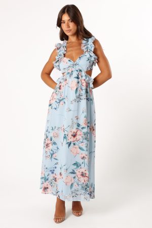 Lucah Frill Shoulder Maxi Dress – Blue Floral