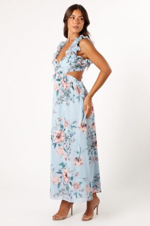 Lucah Frill Shoulder Maxi Dress – Blue Floral