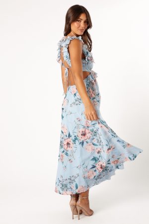 Lucah Frill Shoulder Maxi Dress – Blue Floral
