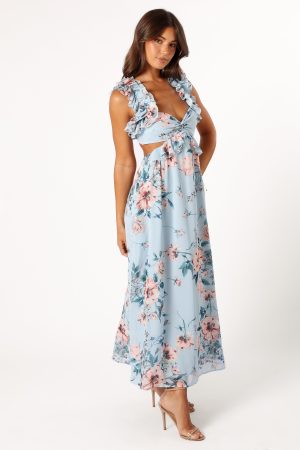 Lucah Frill Shoulder Maxi Dress – Blue Floral