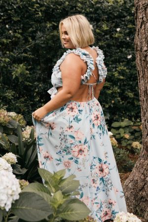 Lucah Frill Shoulder Maxi Dress – Blue Floral