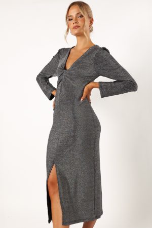 Luminate Long Sleeve Midi Dress – Silver
