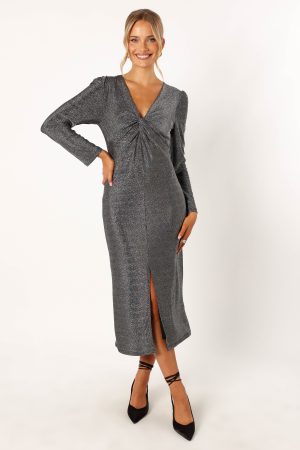 Luminate Long Sleeve Midi Dress – Silver