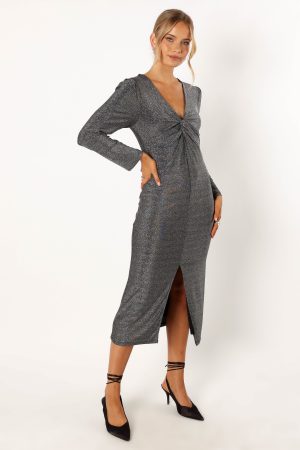 Luminate Long Sleeve Midi Dress – Silver