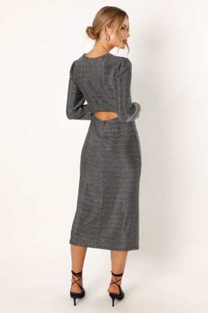 Luminate Long Sleeve Midi Dress – Silver