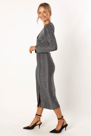 Luminate Long Sleeve Midi Dress – Silver