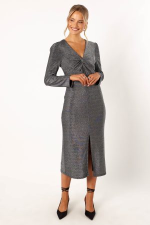 Luminate Long Sleeve Midi Dress – Silver