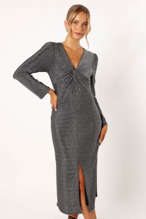 Luminate Long Sleeve Midi Dress – Silver