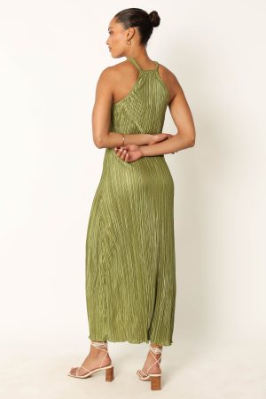 Melody Plisse Halter Maxi Dress – Olive